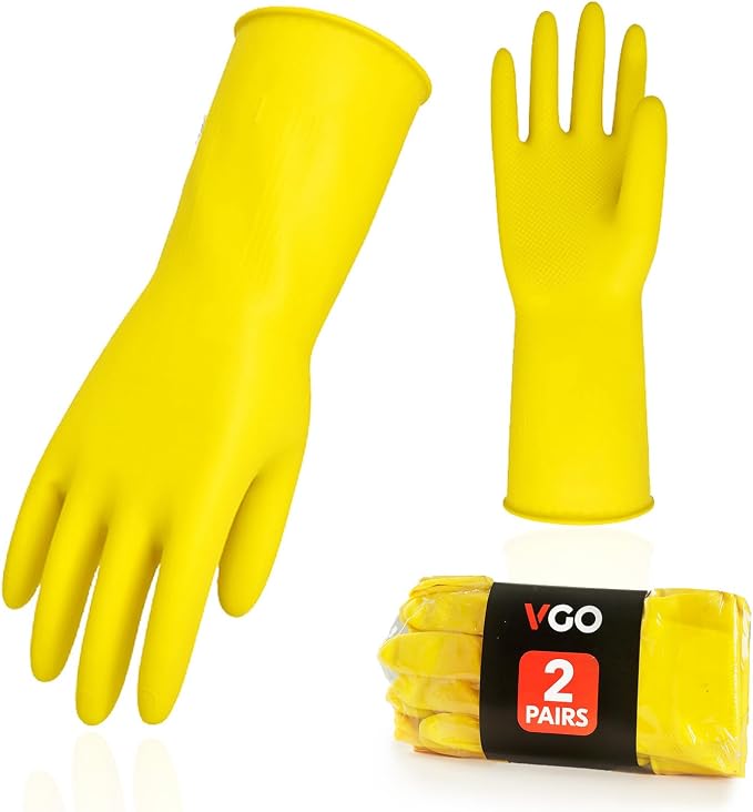 Vgo... 2-Pairs Reusable Household Gloves, Rubber Dishwashing gloves, Extra Thickness, Long Sleeves, Kitchen Cleaning, Working, Painting, Gardening, Pet Care (Size S, Yellow, HH4601)