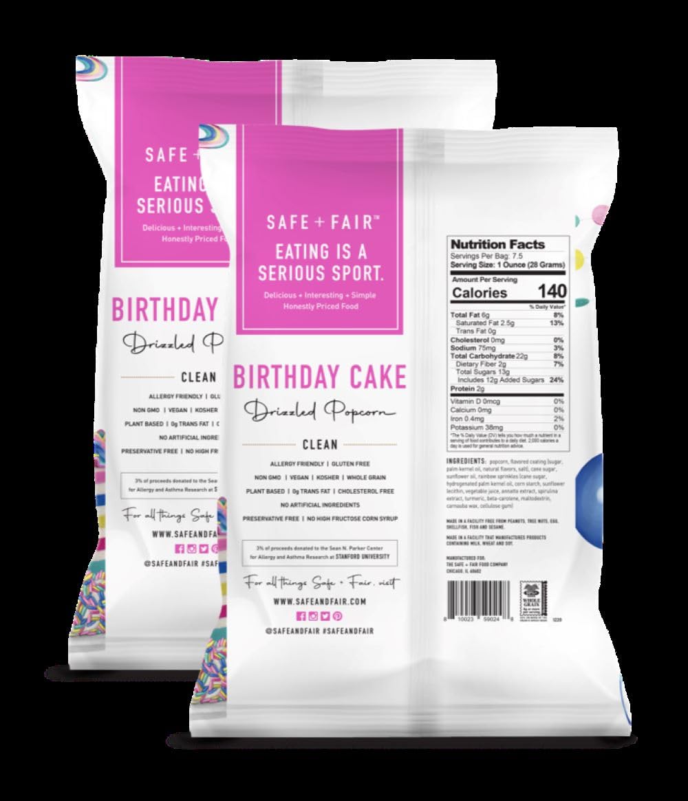 Safe + Fair Birthday Cake Drizzled Popcorn - Gluten-Free, Dairy Free and Vegan Snack - Free From Top 9 Allergens and Artificial Ingredients – Non GMO, Plant Based Kettle Popped Corn, 5.5 oz
