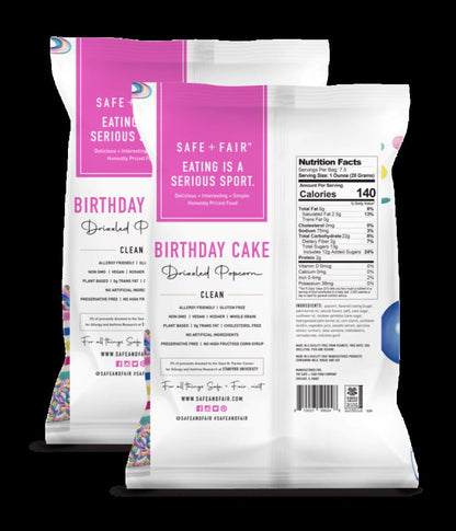 Safe + Fair Birthday Cake Drizzled Popcorn - Gluten-Free, Dairy Free and Vegan Snack - Free From Top 9 Allergens and Artificial Ingredients – Non GMO, Plant Based Kettle Popped Corn, 5.5 oz