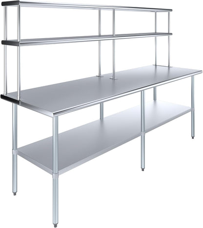 Amgood Stainless Steel Work Table Double Tier Overshelf | Metal Kitchen Prep Table & Shelving Combo (30" x 96" Work Table + 12" Overshelf)