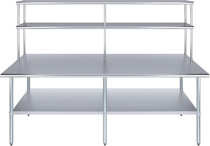 Amgood Stainless Steel Work Table Double Tier Overshelf | Metal Kitchen Prep Table & Shelving Combo (30" x 96" Work Table + 12" Overshelf)