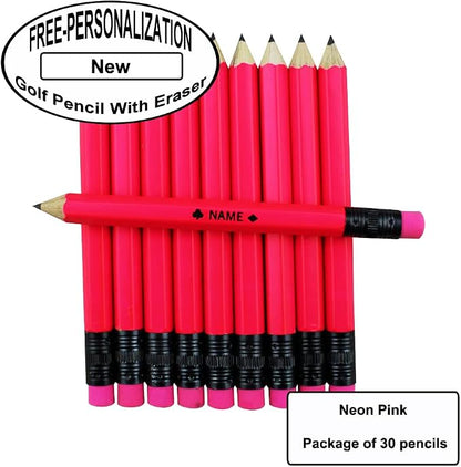 EZPENCILS & GIFTS - Golf Pencils Tipped with Eraser (1/2 a Pencil - Pew Pencils) - Neon Pink Colored Barrel - FREE-PERSONALIZATION - 2HB Black Lead - Custom Text - Non-Smear Eraser – Package of 30