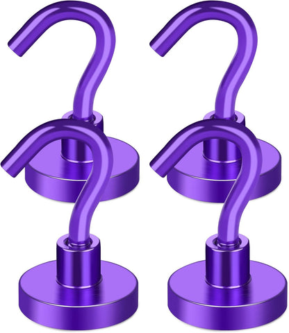 MIKEDE Magnetic Hooks Heavy Duty, 28LB+ Strong Magnets with Hook for Fridge, Neodymium Extra Strength Industrial Hooks for Hanging, Magnetic Hanger for Toolbox, Cruise, Grill (Purple, 4 Pack)