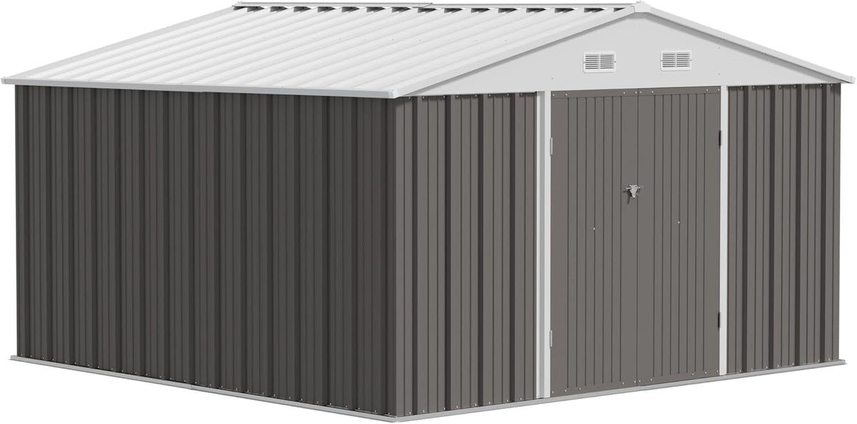 JUMMICO 10 x 10 FT Outdoor Storage Shed, Large Metal Garden Shed & Tool Sheds for Backyard Garden Patio Lawn (Grey)
