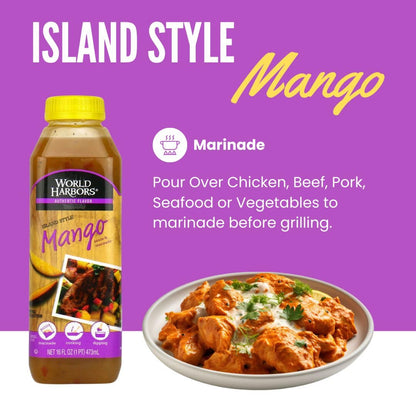World Harbors Island Mango Sauce & Marinade - Low-Calorie, Sweet & Tangy Perfect Sauce for Chicken, Fish, Beef, Wings, Dipping, Stir-Frying, Salad Dressing. Made in USA 16-Fl Oz Bottle (Pack of 6)