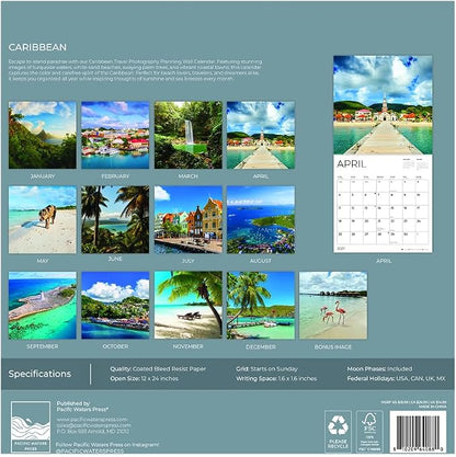 Caribbean 2027 Wall Calendar, 12 x 24 Hanging Pacific Waters Press