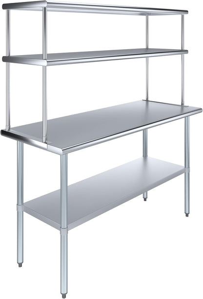 Amgood Stainless Steel Work Table Double Tier Overshelf | Metal Kitchen Prep Table & Shelving Combo (24" x 60" Work Table + 18" Overshelf)