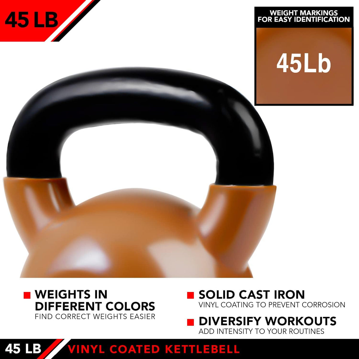 JFIT Kettlebell Weights Vinyl Coated Iron - 12 Size Options, 5lbs-50lbs - Coated for Floor and Equipment Protection, Noise Reduction, Ballistic, Core, Weight Training