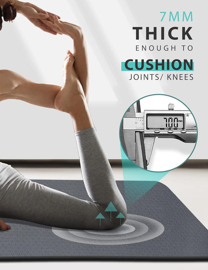 Yoga Mat Double-Sided Non Slip, 72'' x 32'' x 7mm - Extra Wide & Thick Yoga Mat for Women Men Kids, Professional TPE Yoga Mats for Home Workout, Yoga, Pilates and Floor Exercise, with Carrier Strap