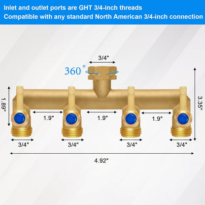 Brass Garden Hose Splitter, 4 Way Hose Splitter, Outdoor Hose Splitter, Outlet For Regulating And Shutting Off Water Flow