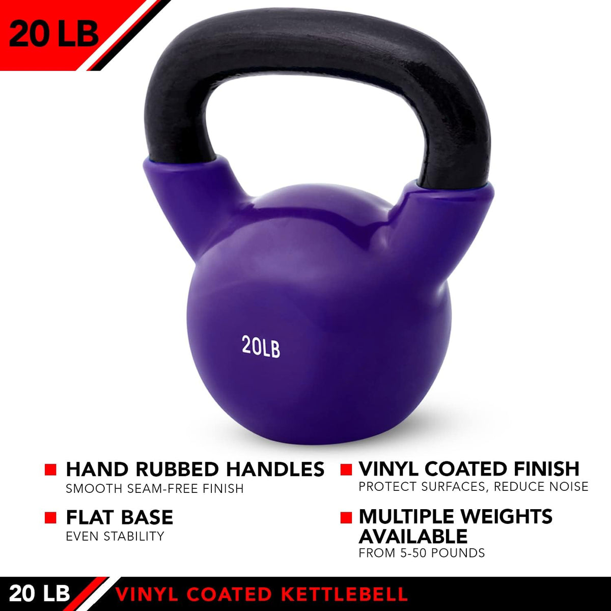 JFIT Kettlebell Weights Vinyl Coated Iron - 12 Size Options, 5lbs-50lbs - Coated for Floor and Equipment Protection, Noise Reduction, Ballistic, Core, Weight Training