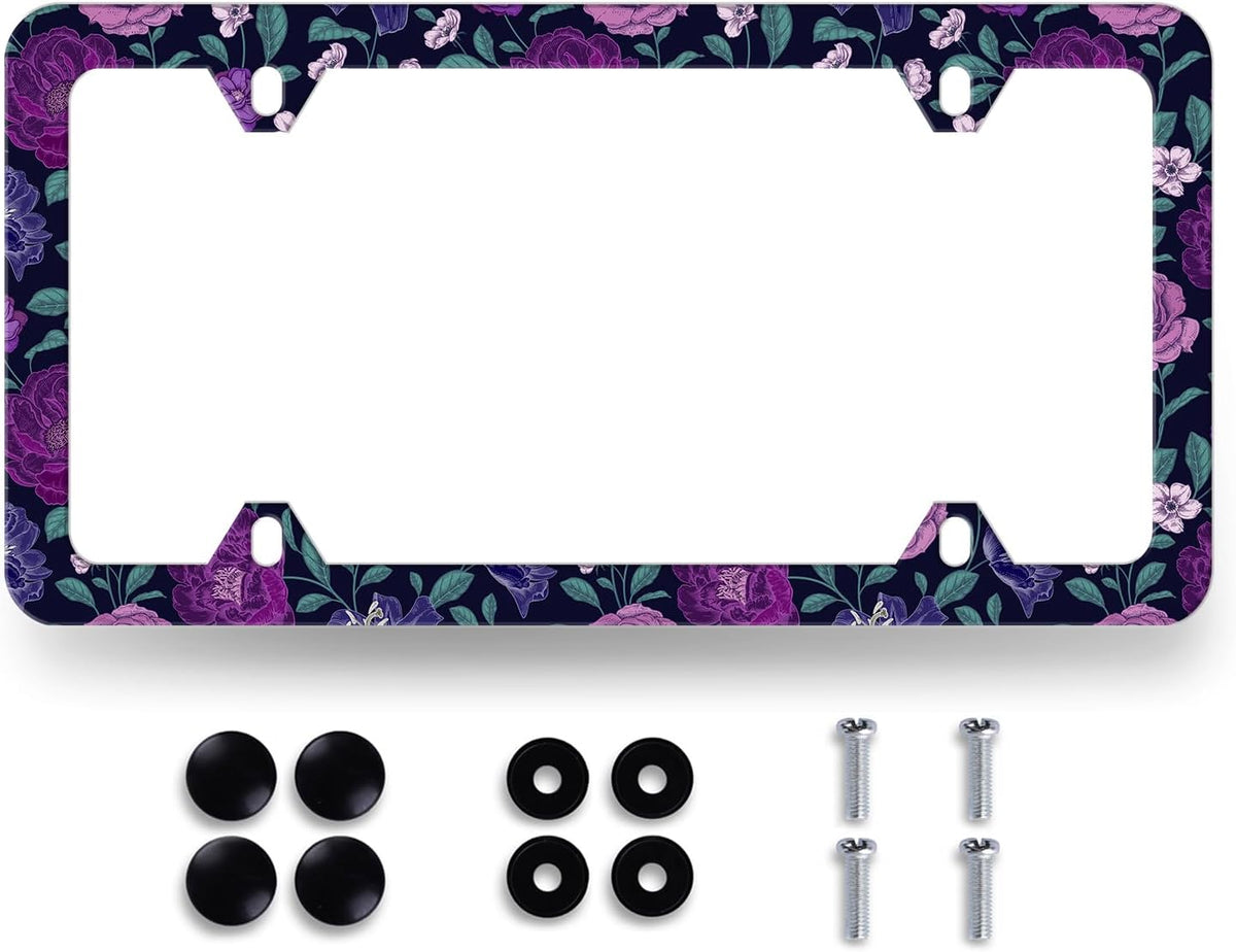 Purple Floral Flowers License Plate Frame Roses Peonies Colorful License Plate Stainless Steel Flowers Car Accessory Funny License Plate Decoration Women Size 12.2" x 6.2" with Screws