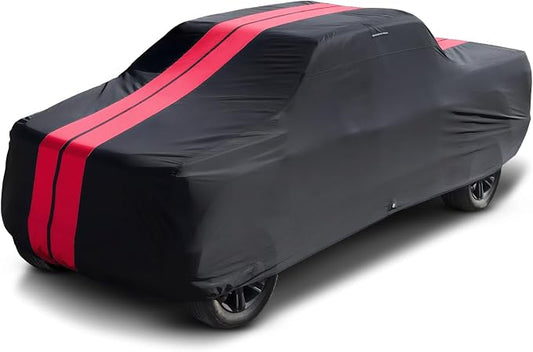 iCarCover Premium Heavy Duty Truck Car Cover - Waterproof All Weather Rain Snow UV Protection, Ram 1500, 2500, 3500, Mega cab 6'4" Standard Bed, Size T89 (See Size Chart), Stripe - Black/Red