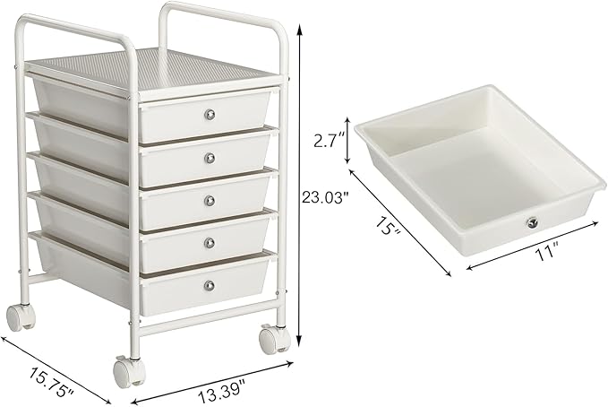 5-Tier Rolling Cart with 5 Drawers, Rolling Utility Cart with 2 Lockable Caster Wheels, Multipurpose Mobile Rolling Storage Drawer Cart for Office Bathroom Kitchen, Ivory White