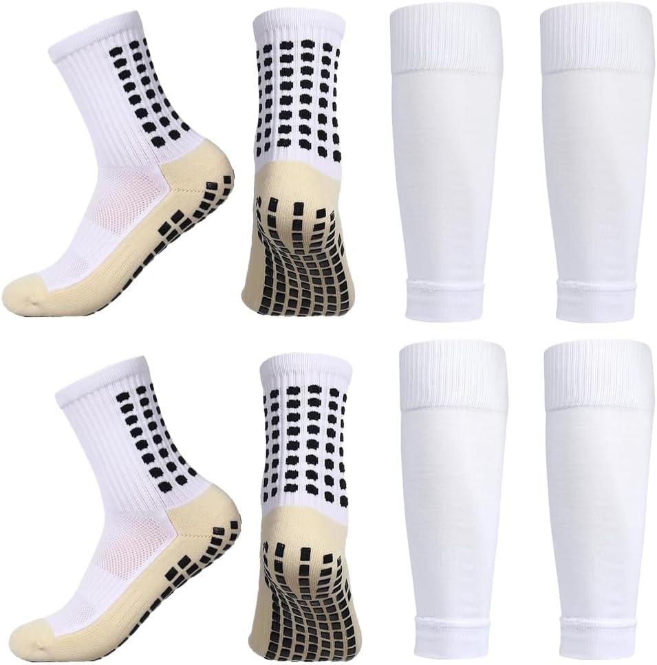 2 Set Anti-Slip Grip Soccer Socks with Shin Guard Sleeves, Sports Athletic Socks for Men Women