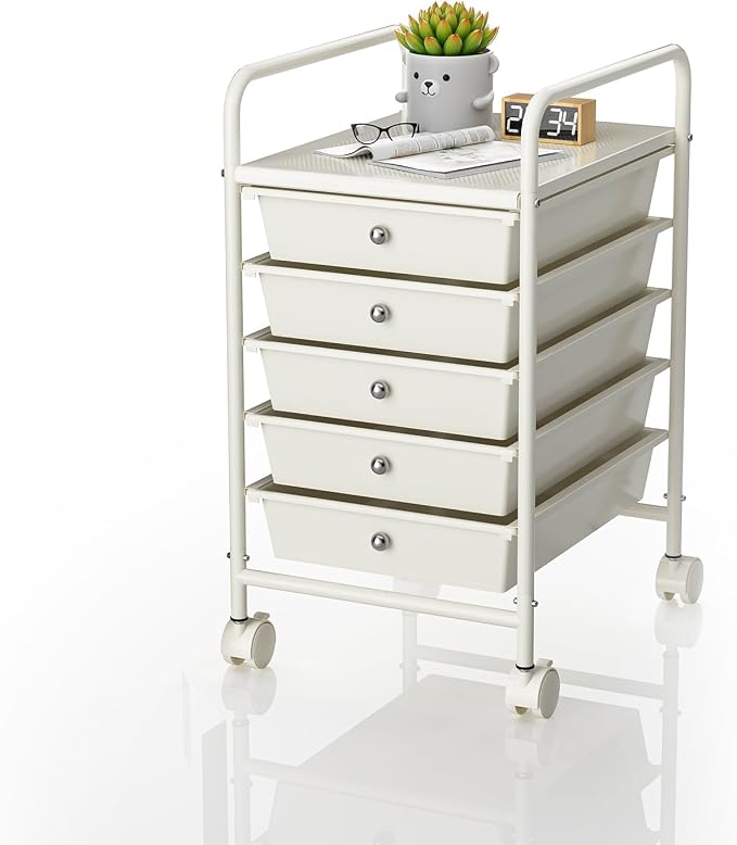 5-Tier Rolling Cart with 5 Drawers, Rolling Utility Cart with 2 Lockable Caster Wheels, Multipurpose Mobile Rolling Storage Drawer Cart for Office Bathroom Kitchen, Ivory White