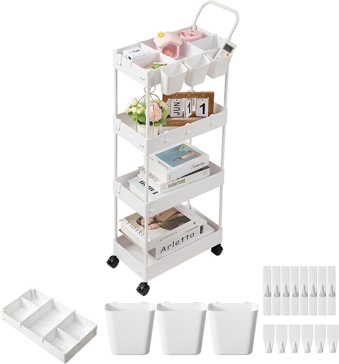 danpinera Storage Cart, 4 Tier Narrow Rolling Storage with Wheels & Dividers, Bathroom Organizer Slim Laundry Cart with Handle Hanging Cups Hooks, White