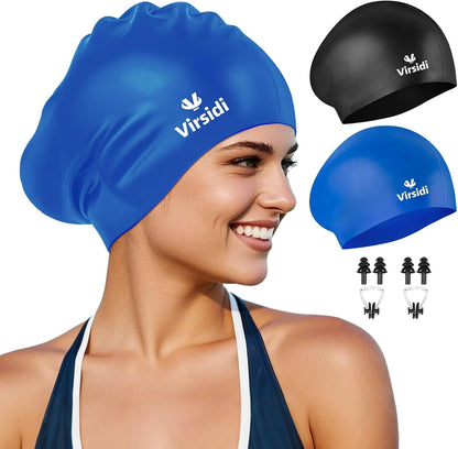 2 Pack Swim Cap for Women Men Adult, Silicone Swimming Caps for Short Long Hair, Waterproof Swim Hats Bathing Caps to Keep Hair Dry with Nose Clip and Earplugs