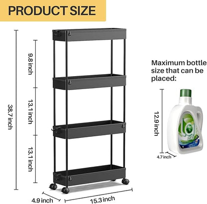 SPACEKEEPER Slim Rolling Storage Cart 4 Tier Bathroom Organizer Cart Mobile Shelving Unit Slide Out Utility Cart for Kitchen, Bthroom, Makeup, Craft, Laundry Narrow Places, Black