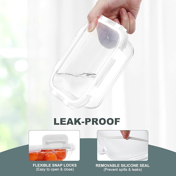 KOMUEE 10 Packs 22 oz Glass Meal Prep Containers, Glass Food Storage Containers with Lids, Airtight Lunch Boxes BPA Free, Microwave and Freezer Safe, White