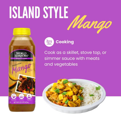 World Harbors Island Mango Sauce & Marinade - Low-Calorie, Sweet & Tangy Perfect Sauce for Chicken, Fish, Beef, Wings, Dipping, Stir-Frying, Salad Dressing. Made in USA 16-Fl Oz Bottle (Pack of 6)