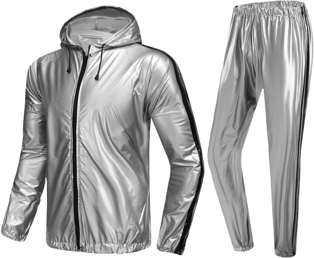 MulYeeh Weight Loss Sweat Suit Anti-Rip Heavy Duty Full-Zip Sauna Suit Fitness Exercise Gym Top Pant with Hood for Men Women