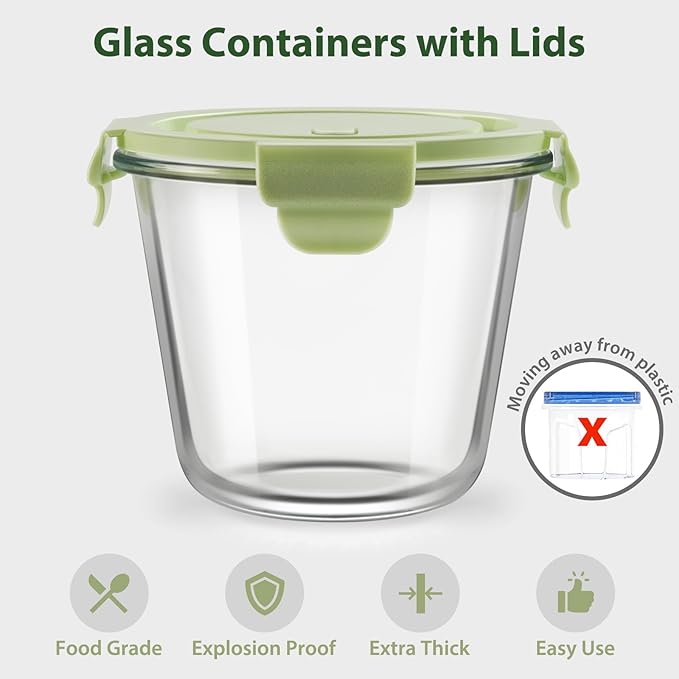 Freshmage 23oz Glass Meal Prep Containers with Lids, Airtight 3-Cup Glass Storage Containers Set, Heat-Resistant BPA-Free for Soup, Leftover, Microwave, Dishwasher, Fridge and Freezer Safe (4 Packs)