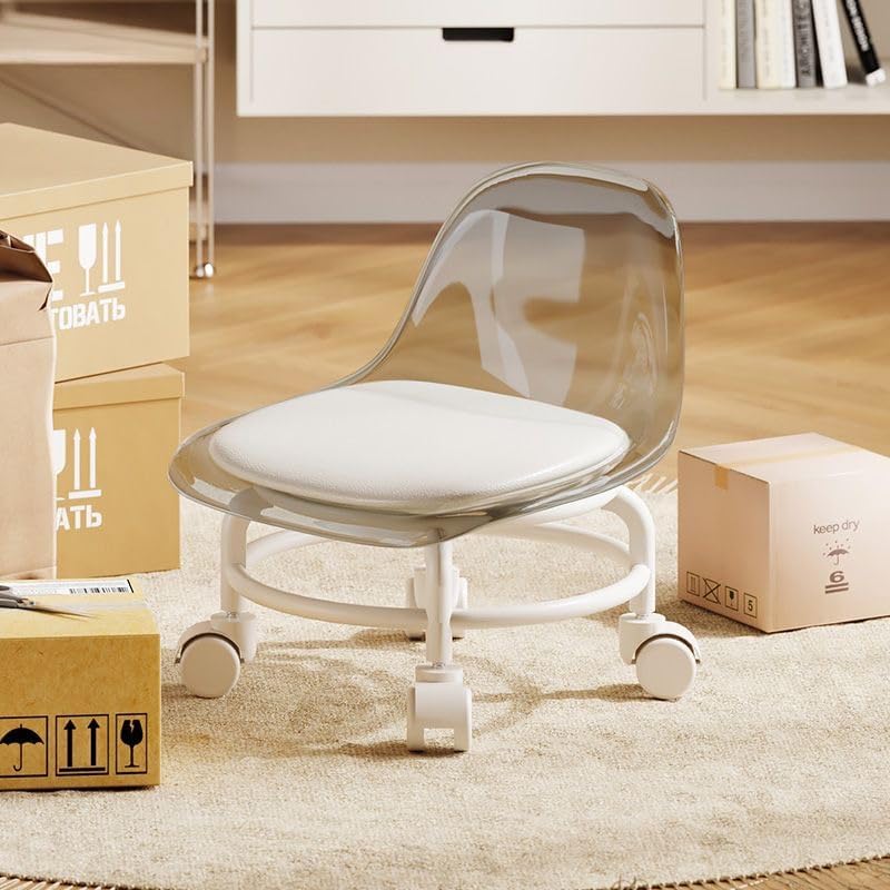 Low Rolling Stool with Wheels,Mini Rolling Garage Stool with Back Support,360° Rotating Floor-Friendly Wheels for Home, Office,Garage & Salon (Transparent Gray)