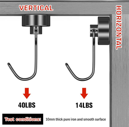 FINDMAG Magnetic Hooks, 40Lbs+ Strong Magnet Hooks for Cruise Cabins, Powerful Neodymium Magnets with Hooks for Hanging, Swivel Swing Black Magnetic Hooks for Fridge, Whiteboard, Kitchen, Toolbox