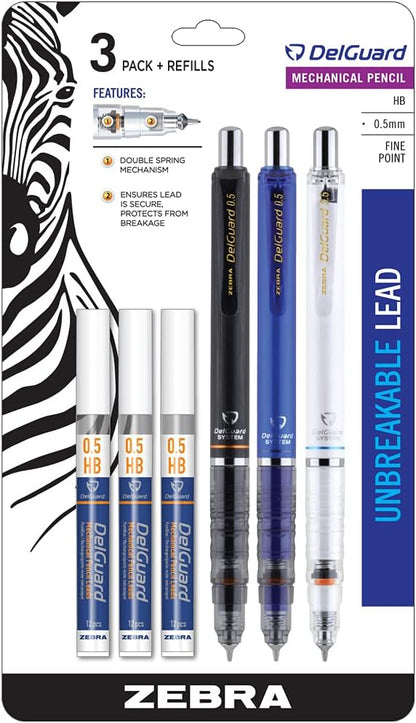 Zebra Pen DelGuard Asstd Barrel Mechanical Pencil, 0.5mm, Fine Point, 3-Pk