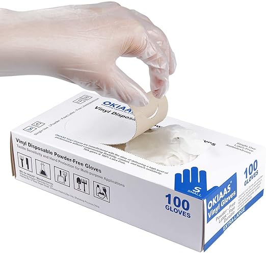 OKIAAS Disposable Gloves S, Food Safe, Bulk of 100 Pcs|Latex and Powder-Free Clear Vinyl Gloves for Cleaning, Food Prep