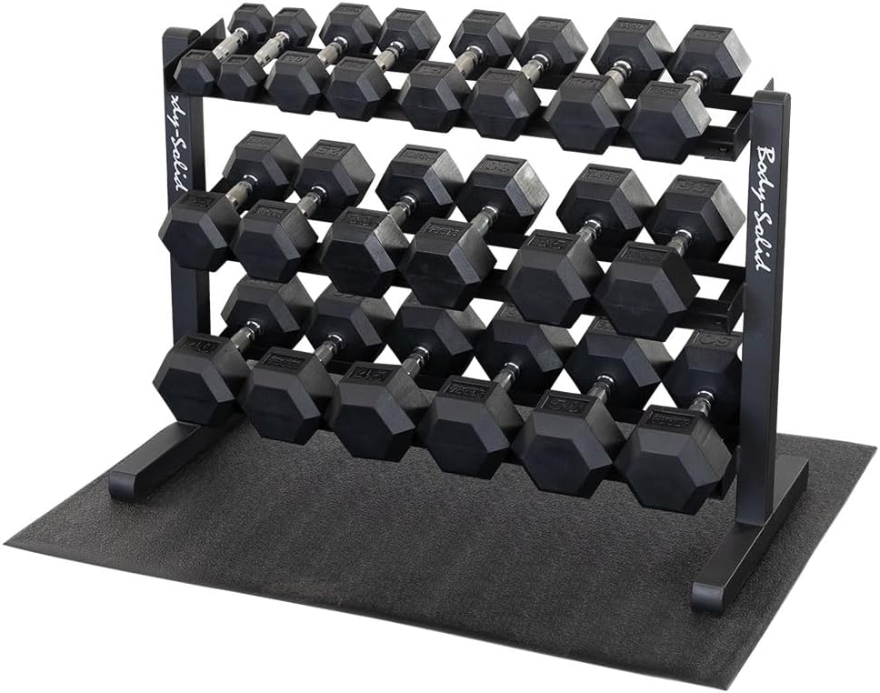 Body-Solid Dumbbell Rack with 20 Rubber 5-50 lb Dumbbells and Floor Mat, Commercial and Home Gym Weight Rack Storage & Organizer Stand, Midnight Black