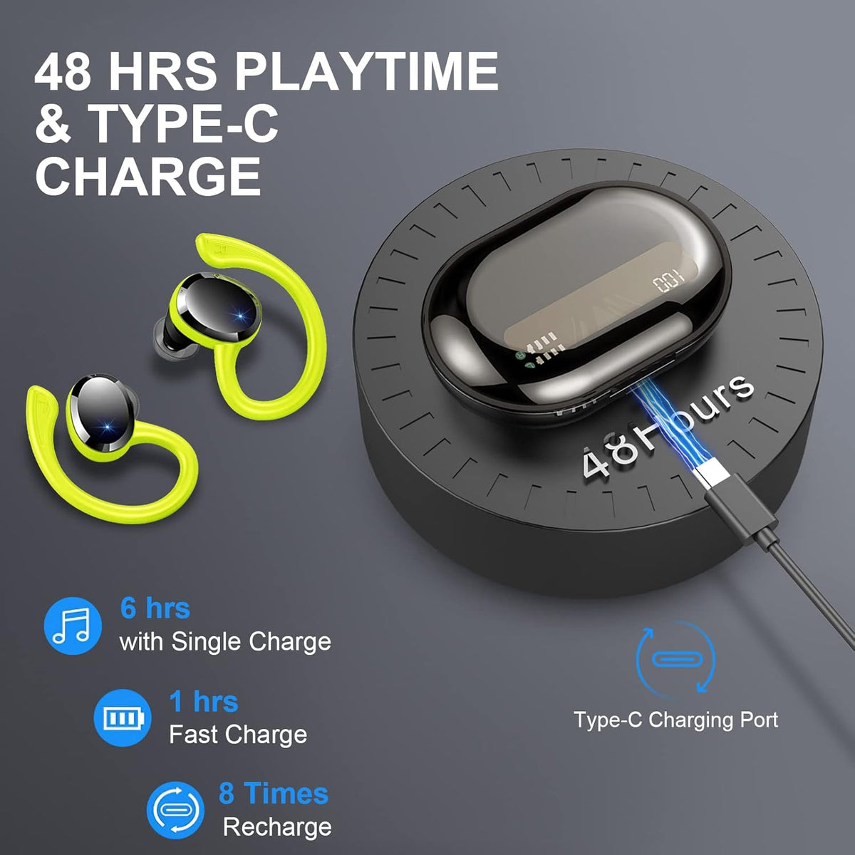 Wireless Earbuds Sport Bluetooth Headphones 5.4, 2025 Bluetooth Earbuds 4 HD Mic, Over-Ear Buds with Earhooks ENC Noise Canceling Earphones, 48Hrs Stereo, IP7 Waterproof Headset for Workout/Running