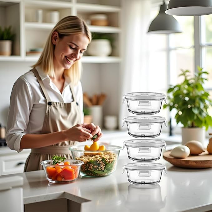 Small Round Glass Food Containers with lids, 12oz Round Food Storage Containers with Lid, 1.5 Cup Small Glass Food Containers with Lid BPA-Free, Microwave, Dishwasher, Freezer Safe (4 Pack)