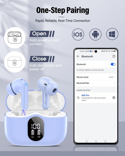 Wireless Earbuds, Bluetooth 5.4 Headphones Bass Stereo, Ear Buds with Noise Cancelling Mic, IP7 Waterproof in Ear Earphones, 36H LED Display Bluetooth Earbuds for Laptop Pad Phones Sports, Pale Blue