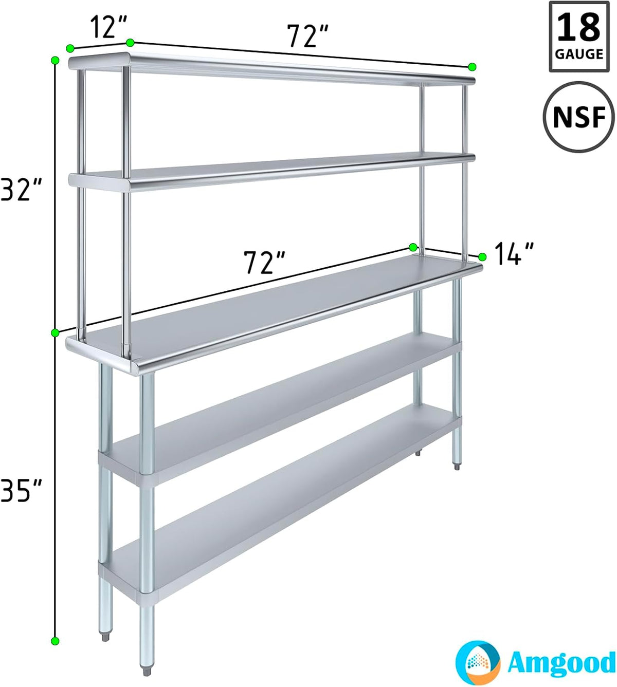 Amgood Stainless Steel Work Table with 2 Shelves & Overshelf | Metal Kitchen Prep & Shelving Combo (14" x 72" Table + 12" Overshelf)