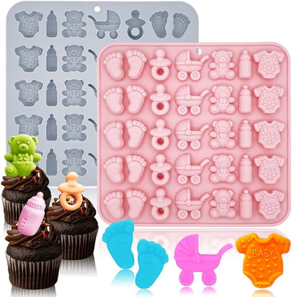 2 Pack Baby Shower Molds Silicone, 35 Cavity Baby Feet Molds with 3D Bottle Pacifier Onesie Carriage Bear Patterns for Baby Shower Party, Birthday, Candy, Chocolate, Cake Decorations Cupcake Topper