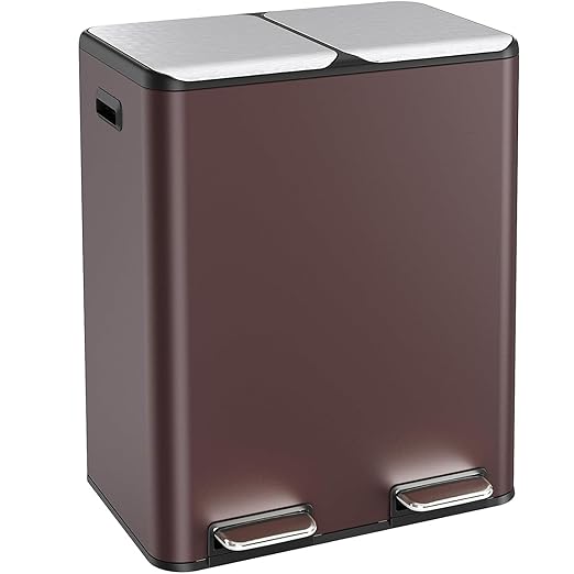 ComfyCorner 16 Gal (2 x 30 L) Dual Trash Can, Stainless Steel Kitchen Garbage Bin, Recycle Dustbin with Odor Control Box, Soft-Close Lid, Inner Buckets, Side Handle, Step Pedal, for Home Office