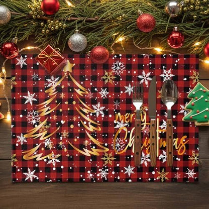 Merry Christmas Placemats Set of 4, Gold Xmas Tree Heat Resistant Washable Table Place Mats Red Black Buffalo Plaid Pattern Cotton Table Linens Party Holiday Decor for Kitchen Dining Outdoor Indoor