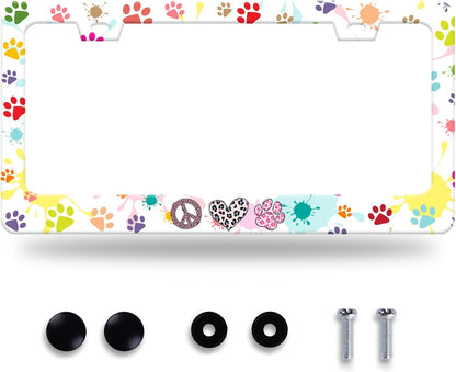 Dog Cat Paw License Plate Frame Colorful Paws License Plate Stainless Steel Funny License Plate Holder for Men Women Universal Animals Car Accessories Decoration 12.3" x 6.3"