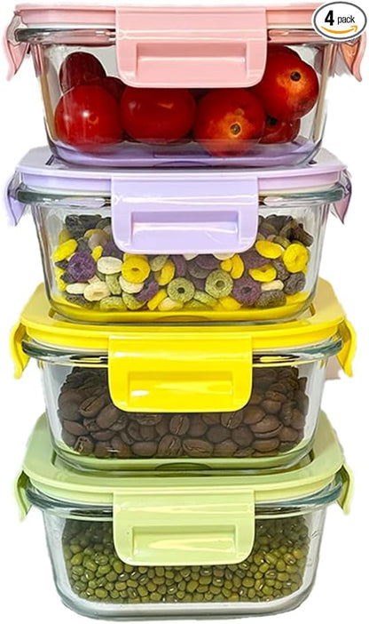 8 Pcs Square Glass Food Storage Container with Lids, 16OZ Square Glass Meal Prep Containers Set, 2 Cup glass Food Storage for Lunch Salad, Microwave, Oven, Freezer, Dishwasher Safe (4 Pack)