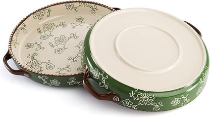 AVLA 2 Pack Ceramic Pie Pan, 9 Inch Round Baking Dish with Double Handle, 28 Ounce Deep Quiche Plate for Kitchen, Cooking, Roasting Lasagna (Sakura, Green)