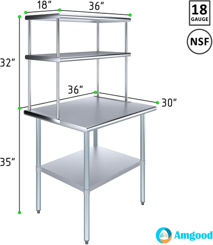 Amgood Stainless Steel Work Table Double Tier Overshelf | Metal Kitchen Prep Table & Shelving Combo (30" x 36" Work Table + 18" Overshelf)
