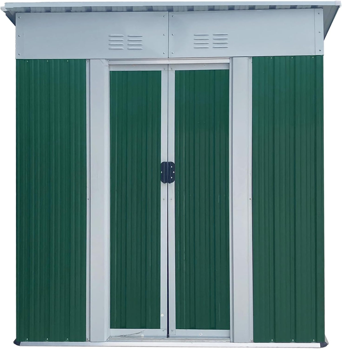 5x3 FT Outdoor Storage Shed with Sloping Roof, Waterproof Metal Garden Sheds w/Lockable Sliding Doors and Vents, Weather Resistant Tool Storage House for Backyard, Patio, Lawn, Green