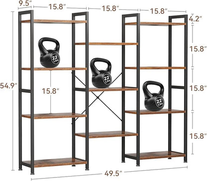 Casaottima Triple 4 Tier Bookshelf, Large Bookcase with 11 Open Display Shelves, Modern Industrial Book Shelves Book Case for Bedroom, Wide Standing Shelving Unit for Living Room Home Office, Vintage