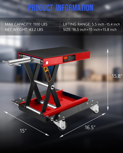 1100LBS Motorcycle Scissor Lift Jack with Dolly Wheels & Hand Crank, Heavy Duty Adjustable Bike Lift Stand with Foldable Non-Slip Platform for Cruiser, Dirt Bike, ATV Garage Repair