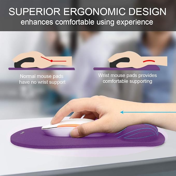 TECKNET 2 Pack Gaming Ergonomic Mouse Pad with Wrist Support Purple | Soft Memory Foam, Fast Rebound, Pain Relief，Waterproof Surface, Non-slip Base