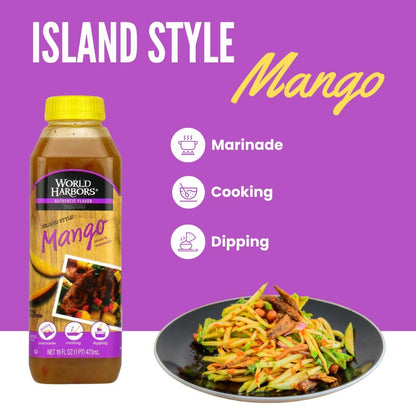 World Harbors Island Mango Sauce & Marinade - Low-Calorie, Sweet & Tangy Perfect Sauce for Chicken, Fish, Beef, Wings, Dipping, Stir-Frying, Salad Dressing. Made in USA 16-Fl Oz Bottle (Pack of 6)