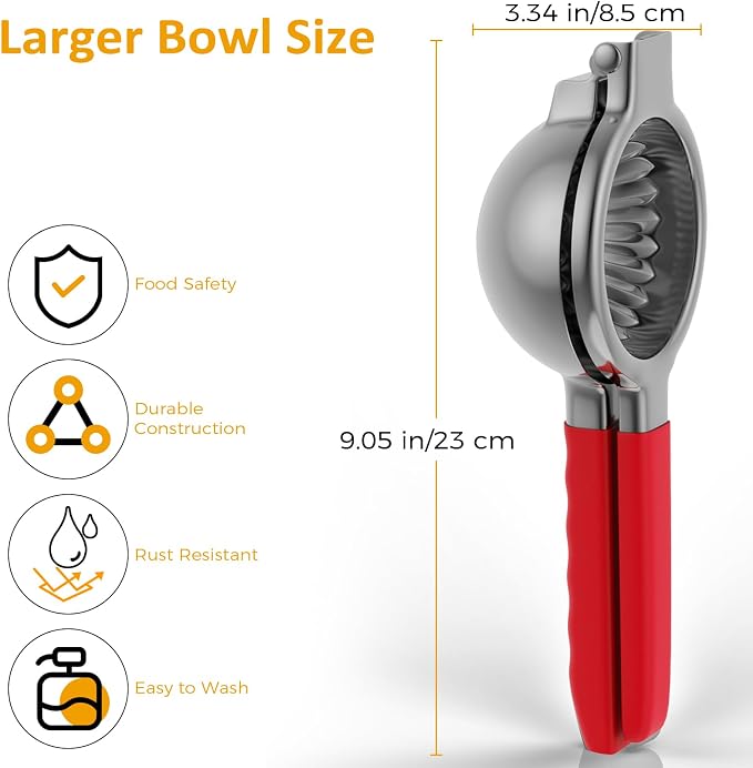 Lemon Squeezer Stainless Steel - Premium Quality, Heavy Duty Solid Metal Squeezer Bowl - Large Manual Citrus Press Juicer and Lime Squeezer (Red)