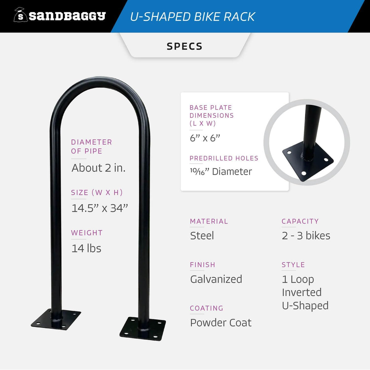Sandbaggy U Shaped Bike Rack - Outdoor, Commercial - Galvanized Steel - Surface/Ground Mounted (5, Gray)